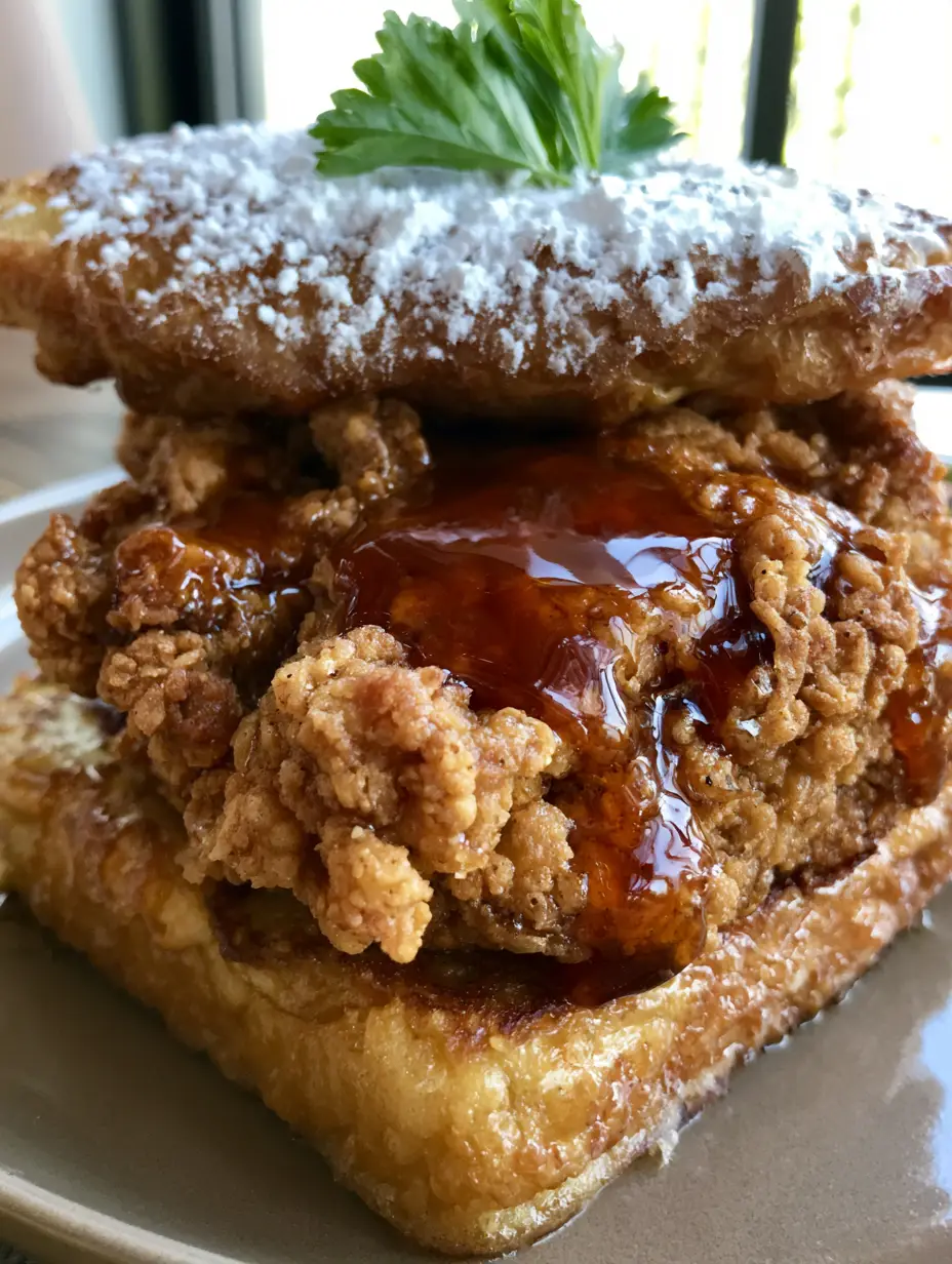 French Toast Fried Chicken Sandwich: The Ultimate Sweet and Savory Brunch 3 Close up handheld photo of extra-crispy craggy fried chicken on golden brioche French toast with amber maple syrup. (French Toast Fried Chicken Sandwich)