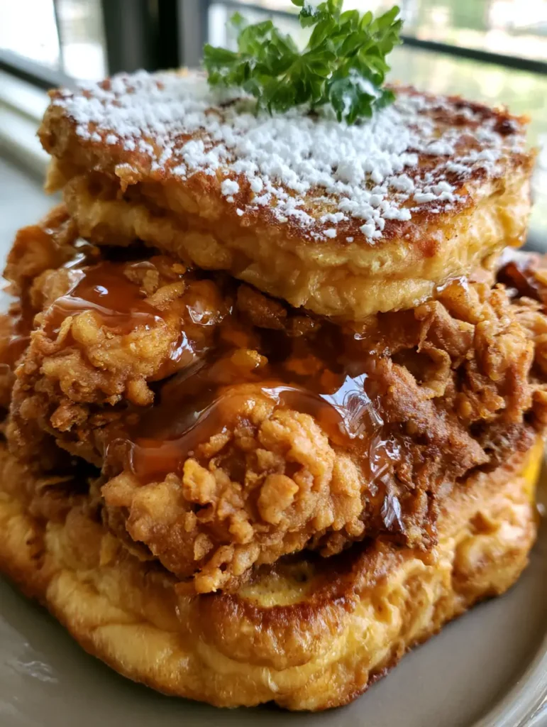 French Toast Fried Chicken Sandwich: The Ultimate Sweet and Savory Brunch 1 Full view of the French Toast Fried Chicken Sandwich with powdered sugar dusting and a parsley garnish.