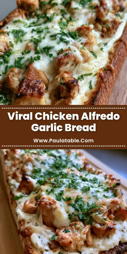 Close-up of Chicken Alfredo Garlic Bread with melted mozzarella and parsley on a wooden board.