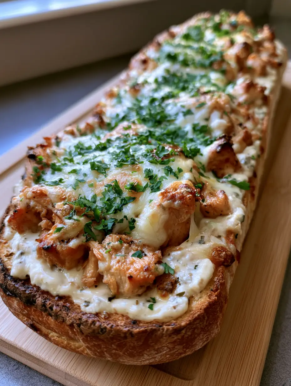 Smartphone photo of long French baguette with Chicken Alfredo toppings and golden garlic butter crust.