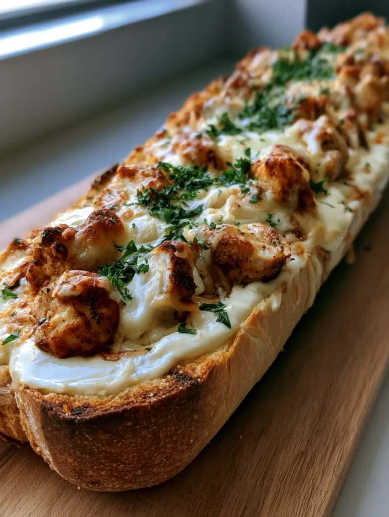 Bubbly melted mozzarella and parmesan cheese over juicy chicken on a French baguette.