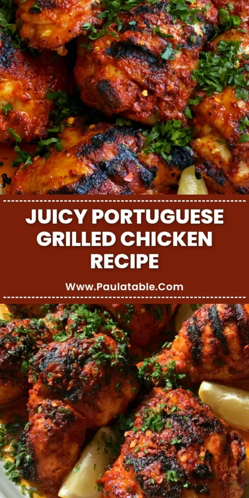 A close-up vertical shot of Portuguese Grilled Chicken on a white platter, showing charred grill marks, reddish-orange piri piri sauce, and fresh lemon wedges.