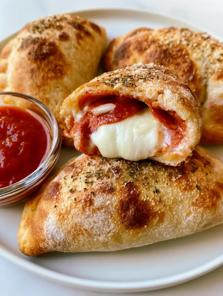 Homemade Pizza Pockets: The Ultimate Golden-Brown Crispy Recipe 2 Close up of Homemade Pizza Pockets showing thick puffed dough and light brown toasted spots with oregano garnish.