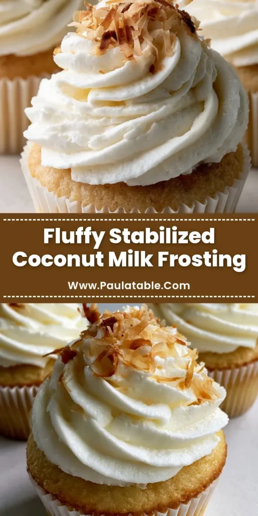 Coconut Milk Frosting: The Ultimate Fluffy and Stable Recipe 4 A close-up shot of vanilla cupcakes topped with thick, ridged swirls of Coconut Milk Frosting and golden toasted coconut flakes.