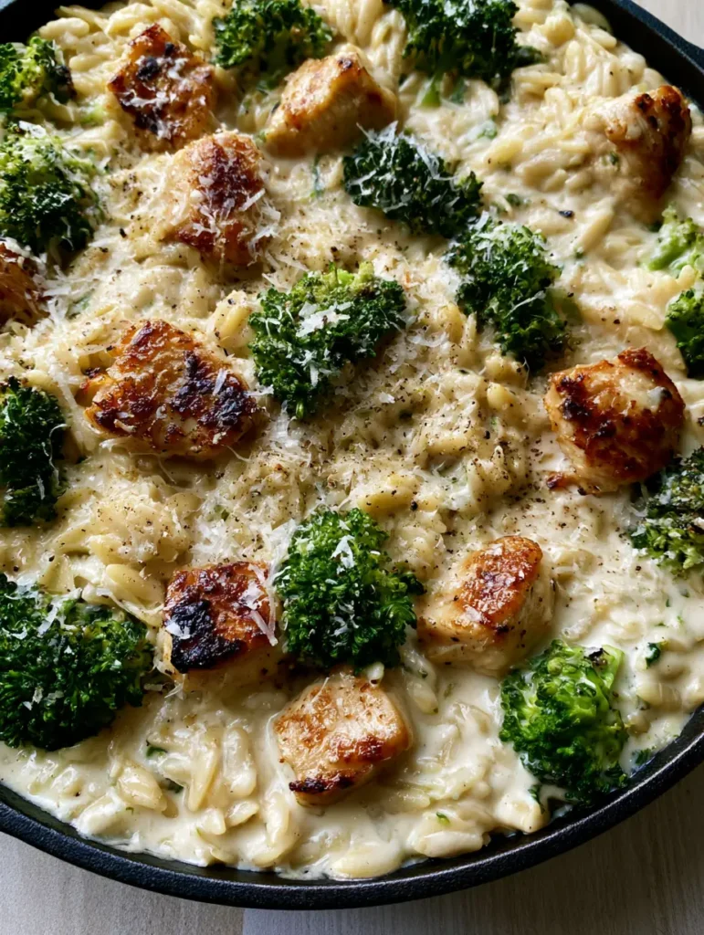 Cheesy Chicken and Broccoli Orzo: The Ultimate One-Pan Skillet Dinner 1 Overhead shot of Cheesy Chicken and Broccoli Orzo topped with finely grated parmesan and cracked black pepper.