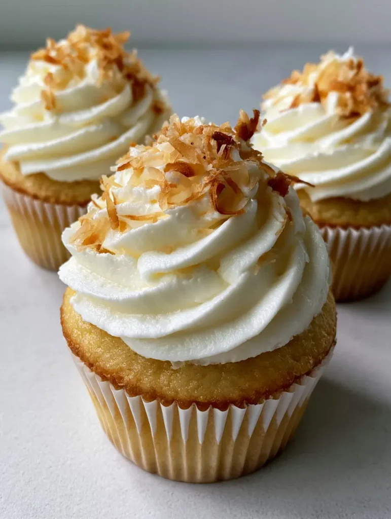 Coconut Milk Frosting: The Ultimate Fluffy and Stable Recipe 2 Three vanilla cupcakes in white pleated liners with voluminous Coconut Milk Frosting swirls on a grey countertop.