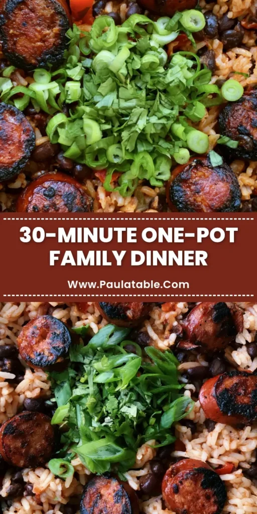 One-Pot Black Beans and Rice with Seared Smoked Sausage 4 A close-up vertical shot of One-Pot Black Beans and Rice with charred smoked sausage and fresh cilantro. (One-Pot Black Beans and Rice)